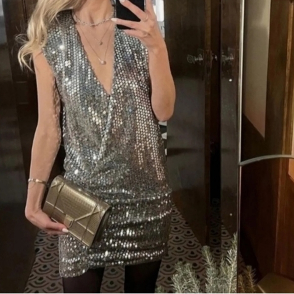 New Zara draped sequin size S mini dress silver metallic - Picture 3 of 12